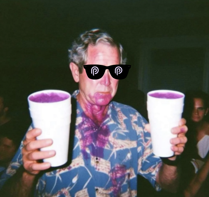 An older man in a blue patterned shirt holds two white styrofoam cups with purple liquid, with sunglasses emoji digitally overlaid on his face.