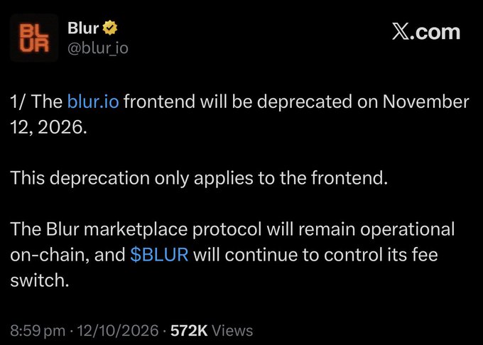A tweet from Blur (@blur_io) dated 12/10/2026 announces that the blur.io frontend will be deprecated on November 12, 2026, while the Blur marketplace protocol remains operational on-chain with $BLUR continuing to control its fee switch. The image provides the official source for the user's bullish take positioning the deprecation as a catalyst for an impending NFT supercycle.