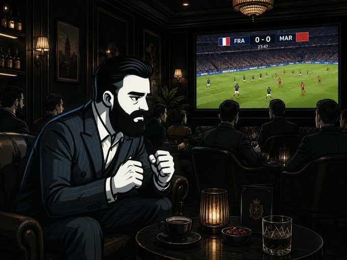 A cartoon-style illustration of a bearded man in a suit watching a France vs. Morocco football match (FRA 0-0 MAR, 23:47) in a dimly lit bar, with a coffee cup and glass of liquor on the table in front of him.
