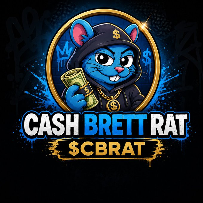 A blue cartoon rat wearing a hoodie and gold "$" medallion clutches a roll of cash within a gold-rimmed emblem, with the bold text "CASH BRETT RAT" and ticker "$CBRAT" displayed below on a black splatter background, visually bringing to life the post's narrative of a savvy rat chasing profits over cheese on Solana.