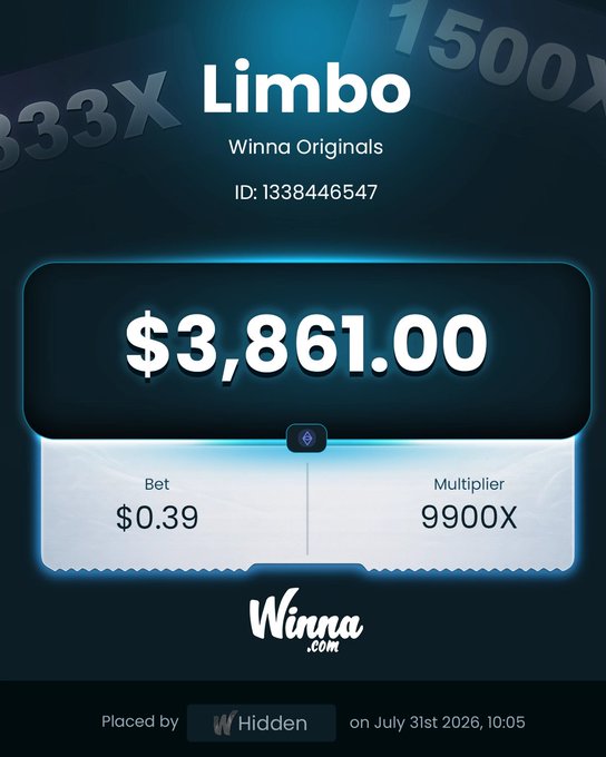 A screenshot of a Winna.com betting slip titled "Limbo" by Winna Originals, showing a win of $3,861.00 from a $0.39 bet at a 9900X multiplier, placed on July 31st, 2026—illustrating the "$3,861 win from pennies at 9900x" result highlighted in the post about a new winning meta.