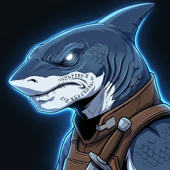 The image features a shark character with an angry expression, wearing a brown vest and goggles. The shark's face has been tattooed onto its head, giving it a more human-like appearance. Below the shark's visor, there is a skull and crossbones symbol, adding to the menacing look of the creature.