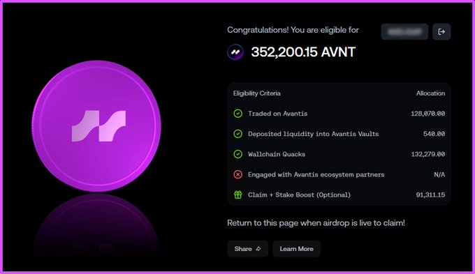 A crypto airdrop eligibility screen shows 'Congratulations! You are eligible for 352,200.15 AVNT', with criteria including Traded on Avantis (128,070), Deposited liquidity into Avantis Vaults (540), Wallchain Quacks (132,279), and a Claim + Stake Boost of 91,311.15.
