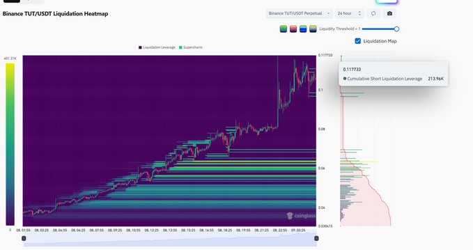 Binance TUT/USDT 24-hour liquidation heatmap with cumulative short liquidation leverage of ~$213.96K clustered near the 0.11733 price level, alongside a candlestick chart showing TUT's sharp rally. The highlighted $214K short liquidation zone at $0.1177 corresponds directly to the price target mentioned in the post, illustrating the potential squeeze fuel if bulls push into that level.
