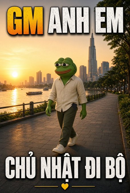 A meme featuring a Pepe the Frog character walking along a waterfront promenade at sunset, with text reading 'GM ANH EM' at the top and 'CHỦ NHẬT ĐI BỘ' at the bottom.