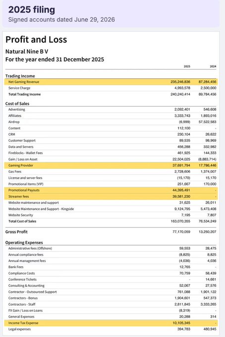 A 2025 filing Profit and Loss statement for Natural Nine B V for the year ended 31 December 2025, showing Trading Income of 235,246,636 (2024: 87,284,456) and various expenses including Cost of Sales of 163,070,355 (2024: 76,534,249).