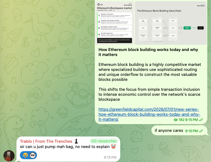 A Telegram message screenshot sharing an article titled 'How Ethereum block building works today and why it matters' from greenfieldcapital.com, with user commentary about 'pumping mah bag'.