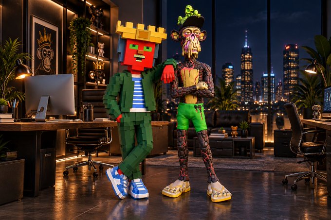 Two stylized NFT characters, one resembling a pixelated block and the other a zombie-like figure, pose together in a modern office with a city skyline visible through the window.