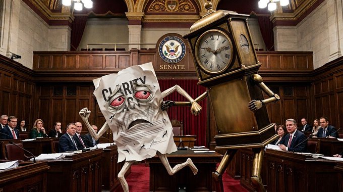 A surreal image shows a "CLARITY ACT" document with eyes and arms fighting a giant grandfather clock inside the U.S. Senate chamber, illustrating the post's theme that legislative timing—not initial defeat—is the true obstacle facing the bill.