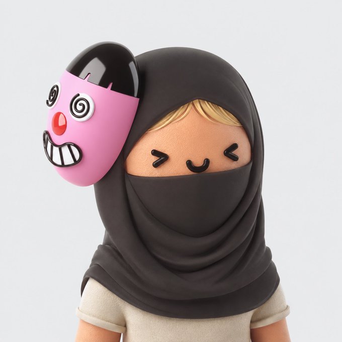 A 3D cartoon-style character wearing a black hijab with a smiling closed-eye expression, holding up a pink mask with a dizzy spiral-eyed face over one side of their head.