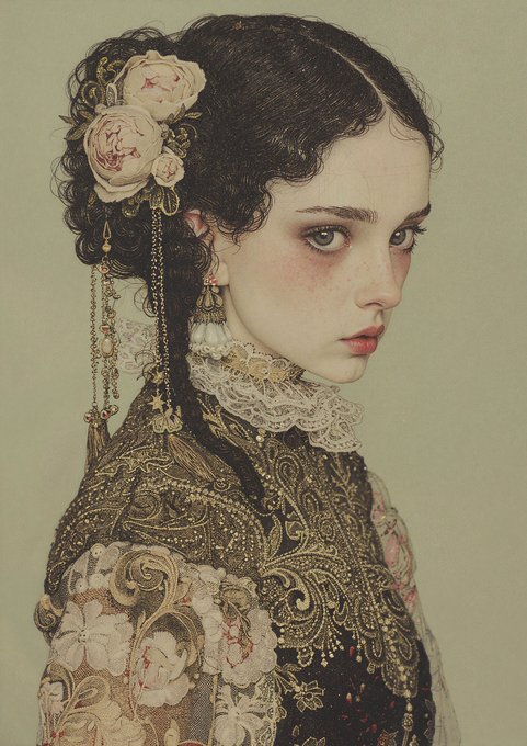 A gothic-style portrait of a pale woman with dark hair adorned with roses, wearing an ornate Victorian-style dress with lace and beadwork.