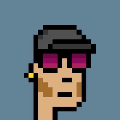 A pixel art character portrait of a person wearing a black cap, red/pink sunglasses, and a yellow earring against a blue background.
