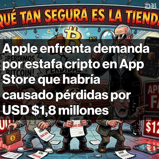 A cartoon-style illustration depicting a cryptocurrency scam, with Spanish text reading "Apple enfrenta demanda por estafa cripto en App Store que habría causado pérdidas por USD $1,8 millones" overlaid on an image showing distressed victims, an authoritative figure with a magnifying glass, and Bitcoin symbols.