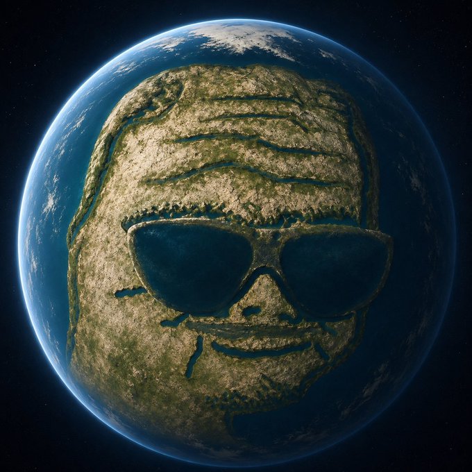 A digitally rendered image showing a planet shaped like a Pepe the Frog face wearing sunglasses, with continents and water visible on its surface.