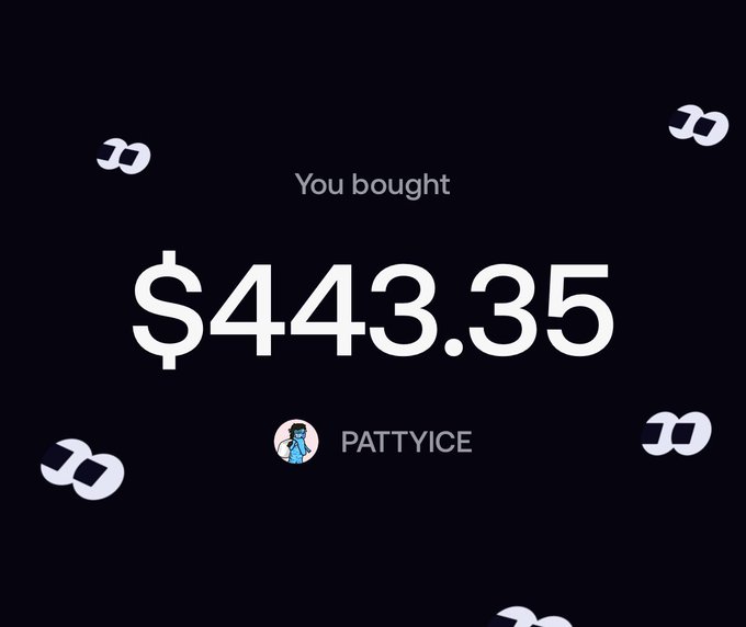The image shows a dark-themed confirmation screen displaying "You bought $443.35" with the username "PATTYICE" below, featuring Doodle-style logo icons scattered across the background, confirming the purchase referenced in the "aped that @Pattyice pack" post.