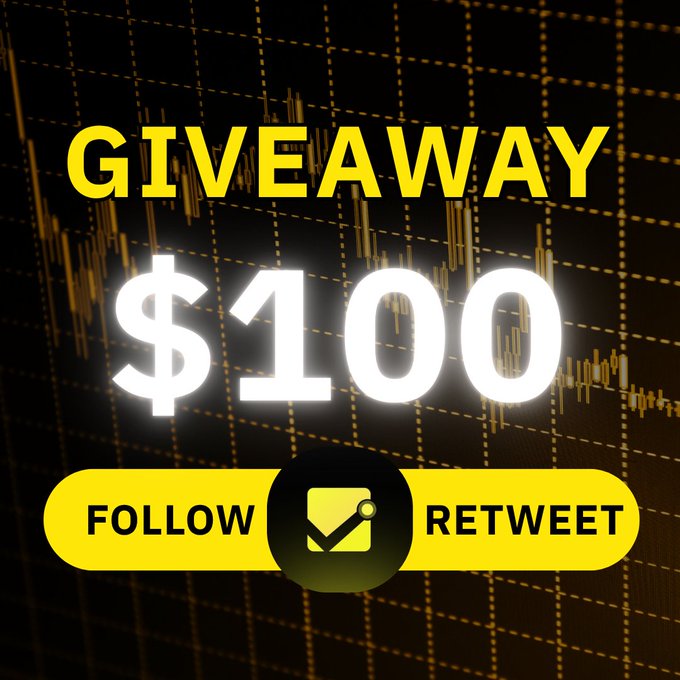 The image is a giveaway promotional graphic featuring bold yellow and white text that reads "GIVEAWAY $100" against a black background with stock chart patterns, accompanied by "FOLLOW" and "RETWEET" buttons flanking a yellow icon, directly matching the post's call to action for a $100 giveaway during a bull run at tapnes.com.