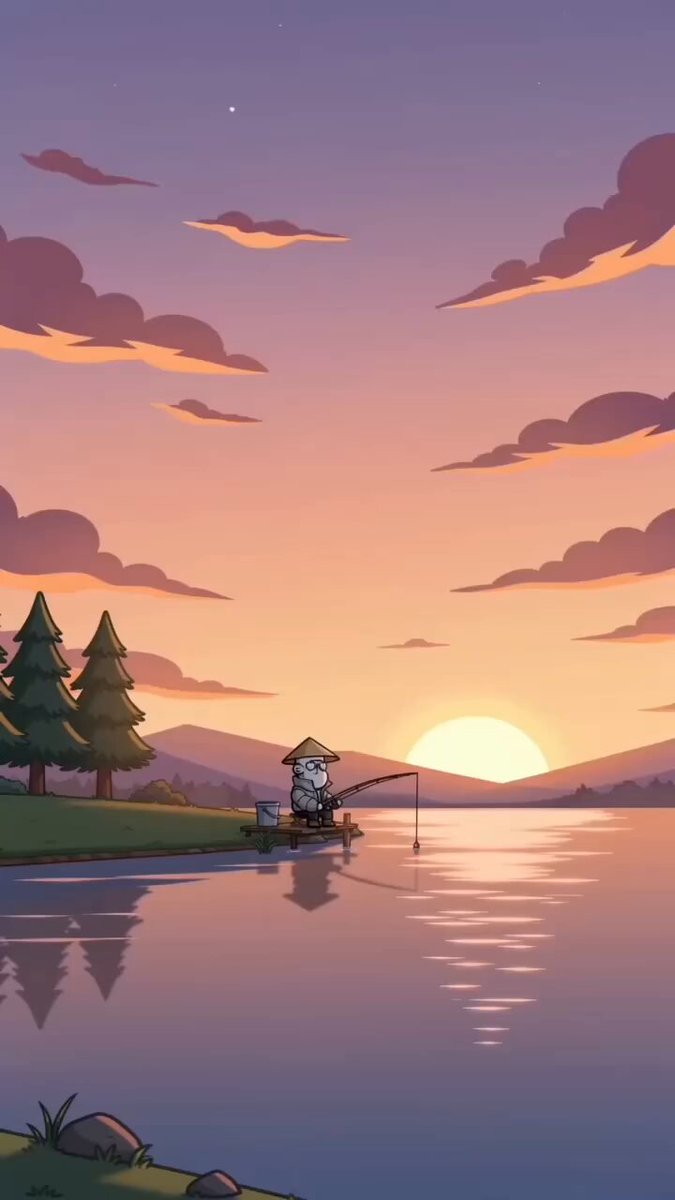 The image features a cartoon character sitting on a boat at the edge of a lake during sunset. The character appears to be fishing, enjoying their time outdoors as they wait for a catch. The scene suggests that the character might be taking a break from their usual routine or simply appreciating the beauty of nature and the serenity of the setting sun.