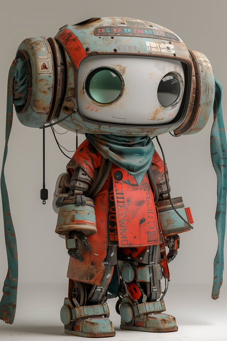 A weathered, rust-scarred robotic figure with a large round face, big asymmetrical eyes, and tattered turquoise and red cloth draped over its mechanical body.