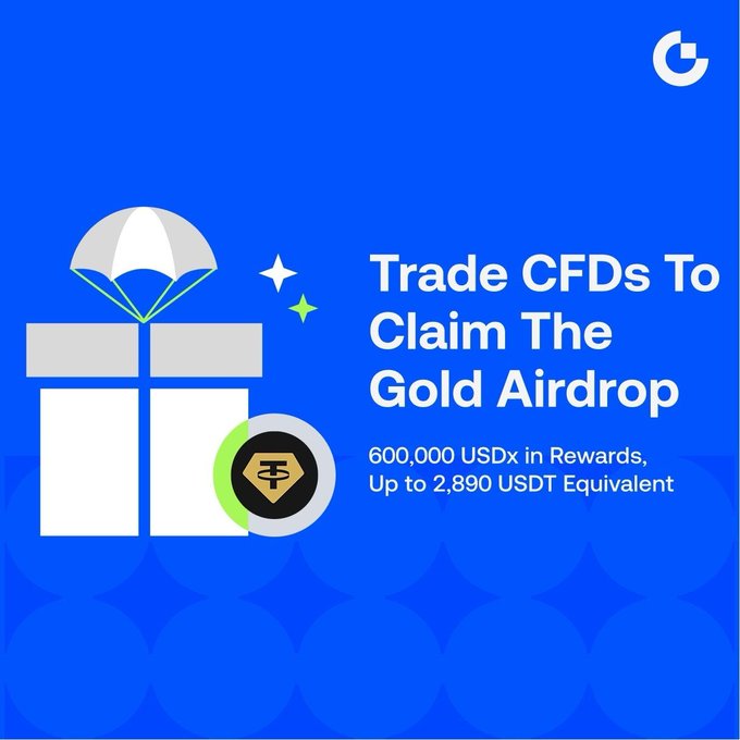 A blue promotional graphic for trading CFDs to claim a Gold Airdrop with 600,000 USDx in rewards.