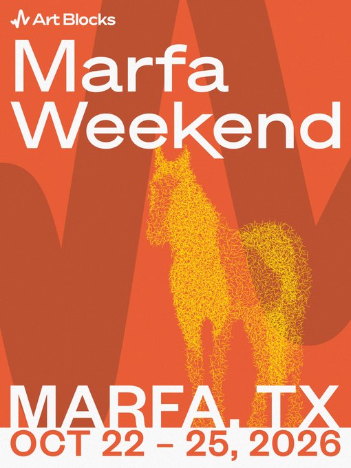 An orange event poster for "Marfa Weekend" featuring a yellow scribbled donkey silhouette, with text reading "MARFA, TX OCT 22 – 25, 2026" and the Art Blocks logo.