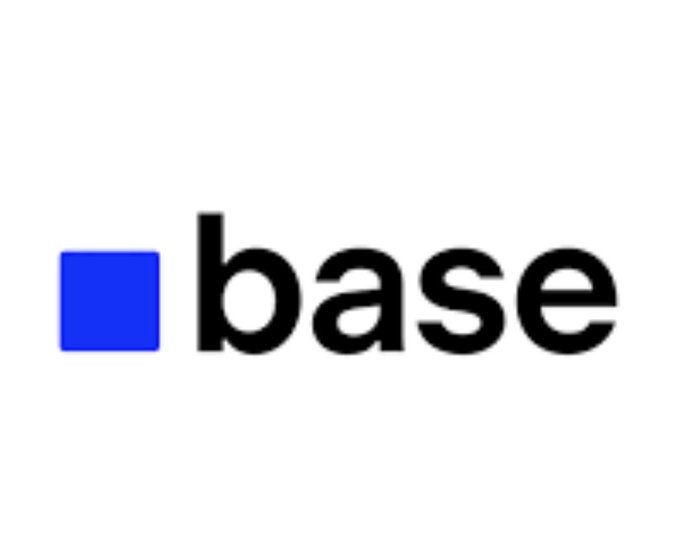 The Coinbase logo, featuring a blue square next to the word 'base' in black lowercase letters on a white background.