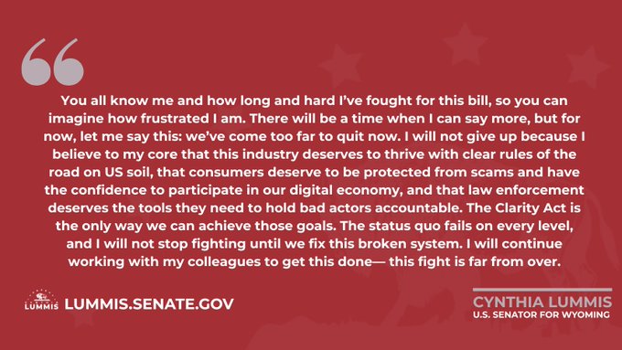 A statement from Senator Cynthia Lummis regarding the Clarity Act, expressing frustration and commitment to fixing the broken system to protect consumers and provide tools for law enforcement.