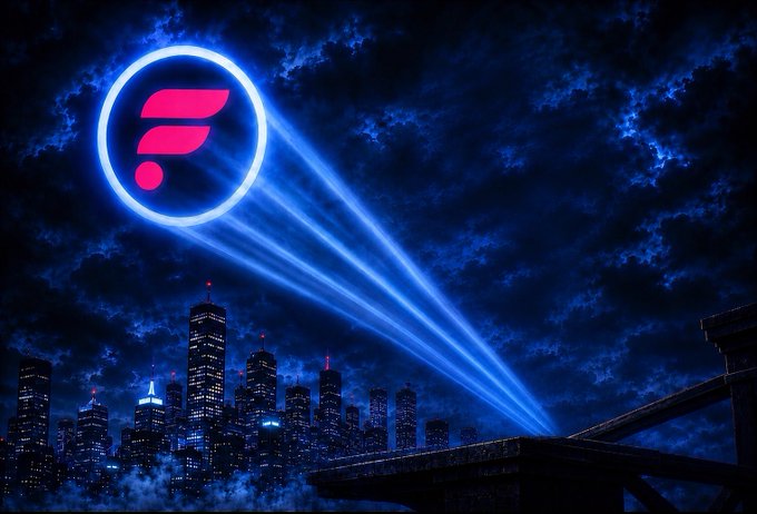 City skyline at night with the Flare (FLR) logo glowing as a spotlight beam in the dark blue sky.