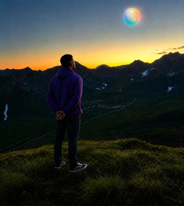 Scenic photo of a person in a purple hoodie standing on a grassy mountain peak at sunset, gazing at a colorful iridescent bubble floating in the twilight sky above the valley.