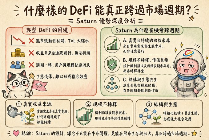 A Chinese-language infographic titled "什麼樣的 DeFi 能真正跨過市場週期? Saturn 優勢深度分析" comparing typical DeFi struggles against Saturn's advantages in yield sources, scale dilution, and structure.