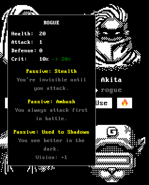 A pixel art video game menu displays a 'ROGUE' character class named 'Akita' with stats including Health: 20, Attack: 1, and Defense: 0, along with passive abilities like Stealth and Ambush.