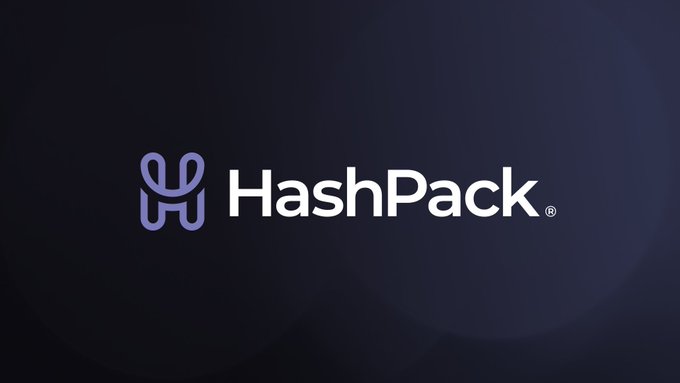 A dark navy gradient splash screen featuring the blue HashPack icon and the white “HashPack” name.