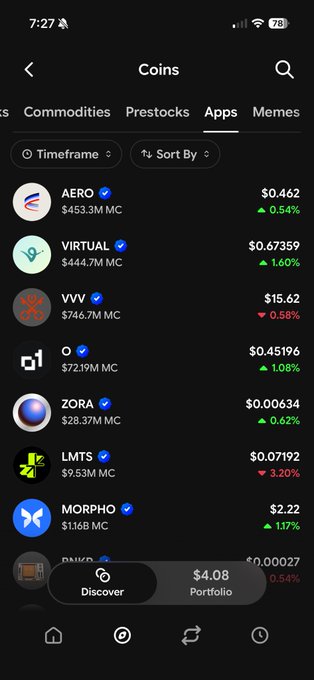 Cryptocurrency app screenshot showing meme coins like AERO ($0.462), VIRTUAL ($0.67359), VVV ($15.62), ZORA, LMTS, MORPHO ($2.22), and PNUT.