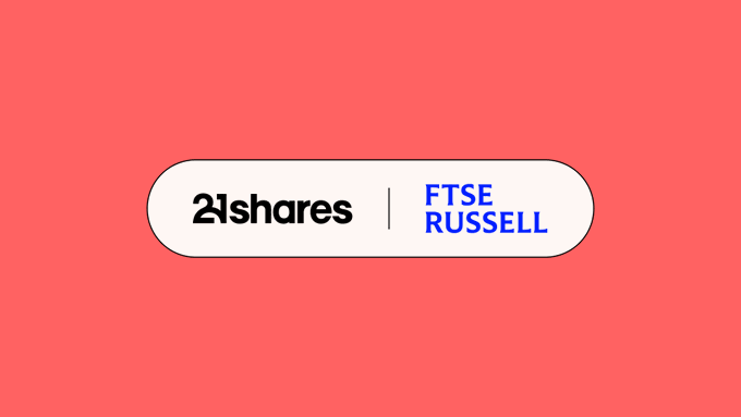A simple logo graphic with a red background displaying '21shares | FTSE RUSSELL' in black and blue text within a white pill-shaped outline.