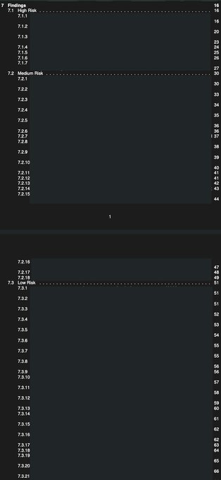 A cybersecurity audit table of contents outlining findings categorized by severity: 7 High Risk, 18 Medium Risk, and 50 Low Risk items, with numbered sub-findings (such as 7.1.1, 7.1.2 and 7.2.1–7.2.21) corresponding to a prediction market audit by 0ximmeas, BengalCatBalu, and 0x3b33 via Cyfrin.