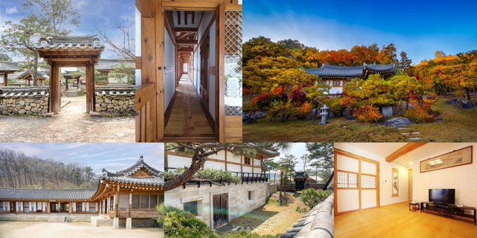 A collage of six photos showcasing traditional Korean hanok architecture, featuring wooden gates, tiled roofs, lush gardens with autumn foliage, and traditional interiors with sliding doors and modern furnishings.