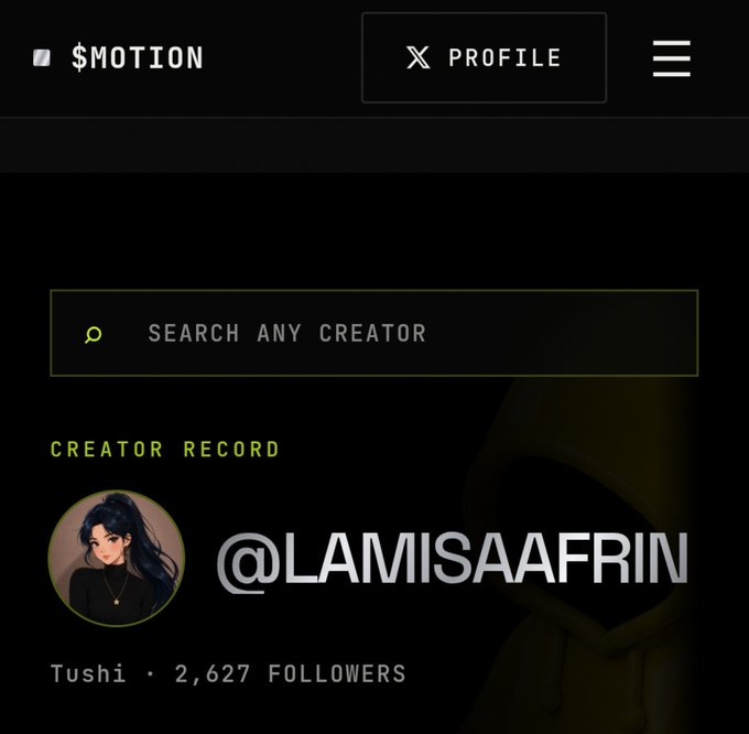 Motion platform profile page showing creator record for @LamisAafrin (Tushi) with 2,627 followers, including a search bar and navigation menu.