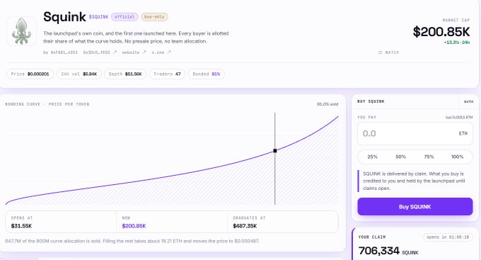 The image shows the $SQUINK token page on a bonding curve launchpad, displaying a market cap of $200.85K (+11.2% in 24h) with the token at $0.0000051 price and $200.65K raised toward a $487.55K graduation goal, confirming the user's recent purchase of 706,334 SQUINK tokens via @squinkfun.