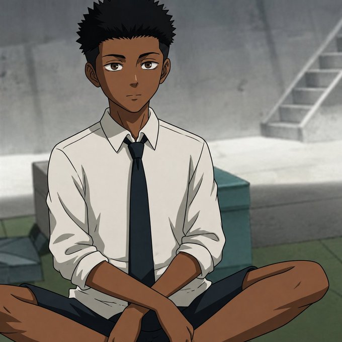 An anime-style illustration shows a young man with dark hair and brown skin sitting cross-legged, wearing a white button-up shirt and black tie.