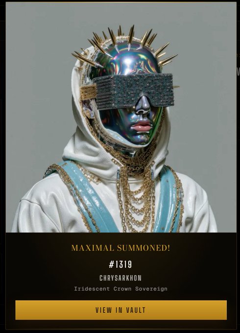 A stylized portrait of a figure with a metallic, iridescent head adorned with spikes, wearing a large blinged-out visor and chains, labeled 'MAXIMAL SUMMONED! #1319 CHRYSARKHOM Iridescent Crown Sovereign'.