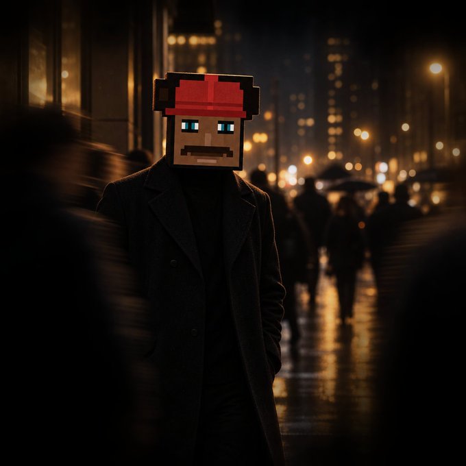 A person in a dark coat wearing a pixelated red and brown blocky mask stands in a dimly lit, rainy city street at night.