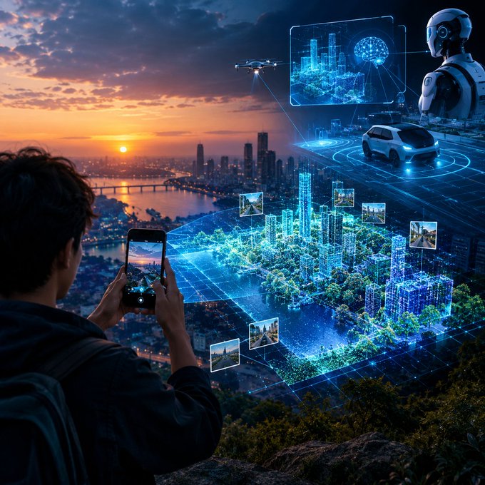 Futuristic illustration of a person holding a smartphone overlooking a city at sunset, with AR holographic projections showing a drone, humanoid robot, smart car, and digital city map.