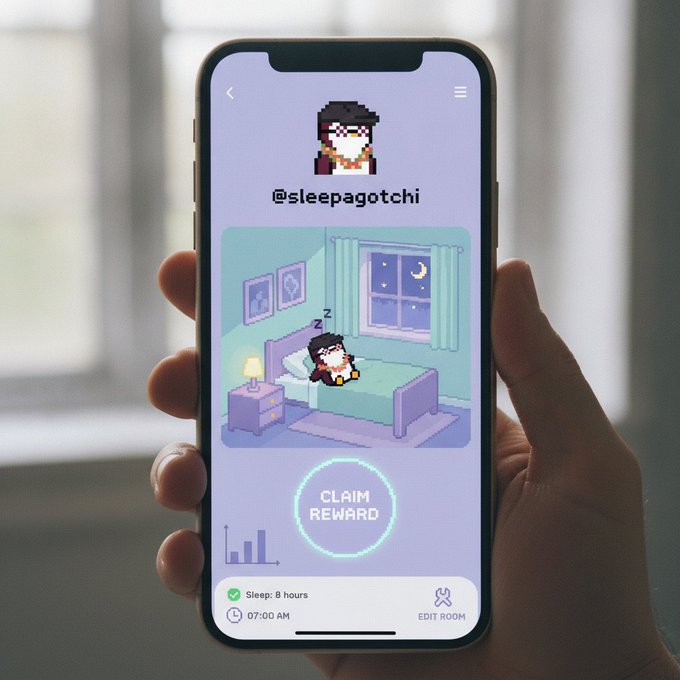 A hand holds a smartphone displaying the "@sleepagotchi" pixel-art app showing a character sleeping in a bedroom with a "CLAIM REWARD" button and sleep tracking of 8 hours at 07:00 AM.
