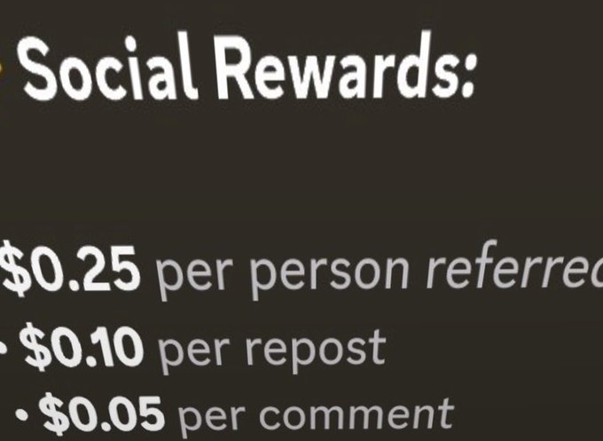 A black slide titled 'Social Rewards' listing payment tiers: $0.25 per person referred, $0.10 per repost, and $0.05 per comment.