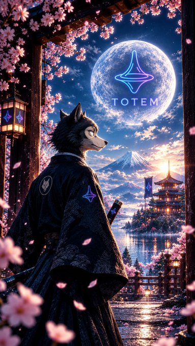 Digital artwork of an anthropomorphic wolf in a dark kimono standing beneath cherry blossoms, looking at a glowing blue 'TOTEM' logo against a full moon, with Mt. Fuji and a Japanese temple visible in the background.