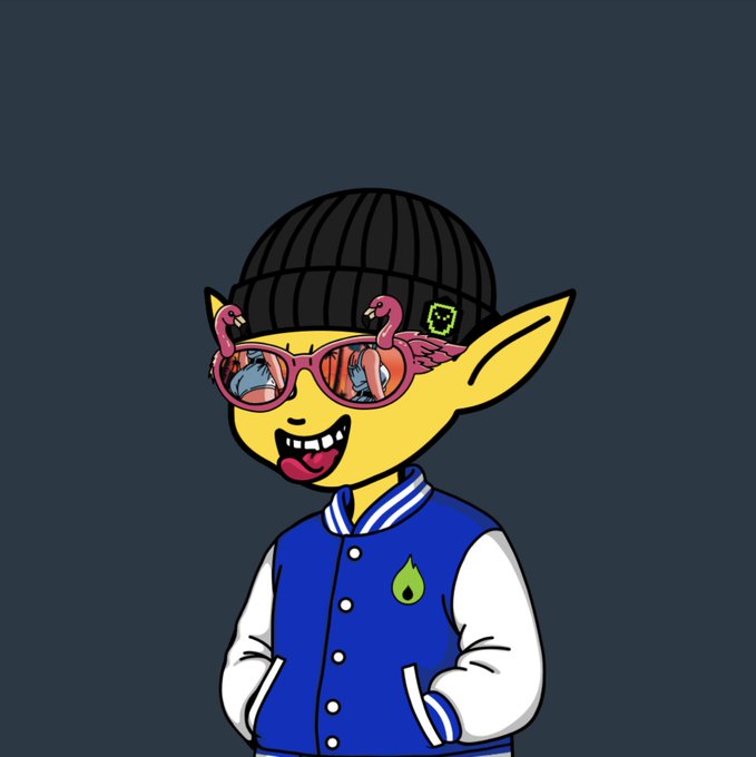 A yellow-skinned alien character wearing a black beanie, pink sunglasses with flamingo designs, and a blue varsity jacket featuring a green droplet logo poses with a grin. The cartoon mascot aligns with the post's playful tone, promoting the "Pumpliens" and the collaboration between Suipump and Alienztech.
