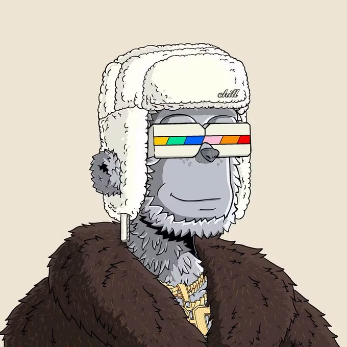 A digital illustration of a gray monkey or ape wearing a white fur ushanka hat, colorful striped shutter shades, a gold dollar sign necklace, and a brown fur coat.