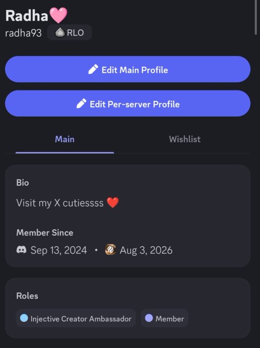 This Discord profile shows "Radha" with the role "Injective Creator Ambassador," which aligns with the post's announcement of becoming an Injective Ambassador. The profile also indicates membership since "Sep 13, 2024".