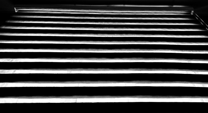 A black and white photograph captures a set of wide, curved steps with dramatic lighting that creates strong horizontal lines and deep shadows.