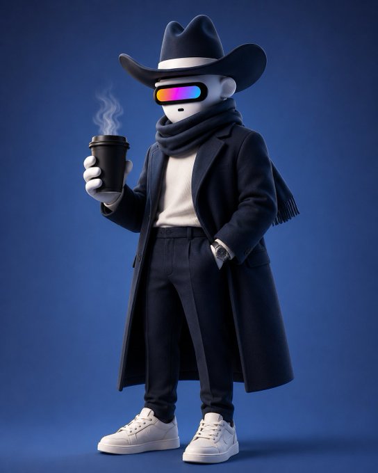 A 3D-rendered character wearing a black cowboy hat, a colorful VR-style visor, a long black coat, scarf, and white sneakers, holding a steaming black cup.
