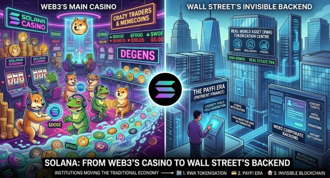 The graphic contrasts "Web3's Main Casino," showing cartoon dogs and frogs trading meme tokens like $DOGE, $FROG, and $BONK on Solana, with "Wall Street's Invisible Backend," depicting sleek skyscrapers and institutional pillars including "Real-World Asset (RWA) Tokenization Centre," "The PayFi Era (Payment Finance)," and "Liquidity World Field Integration." It visually reinforces the post's point that beneath Solana's noisy memecoin hype, a quieter institutional shift toward tokenization and payment finance is underway.